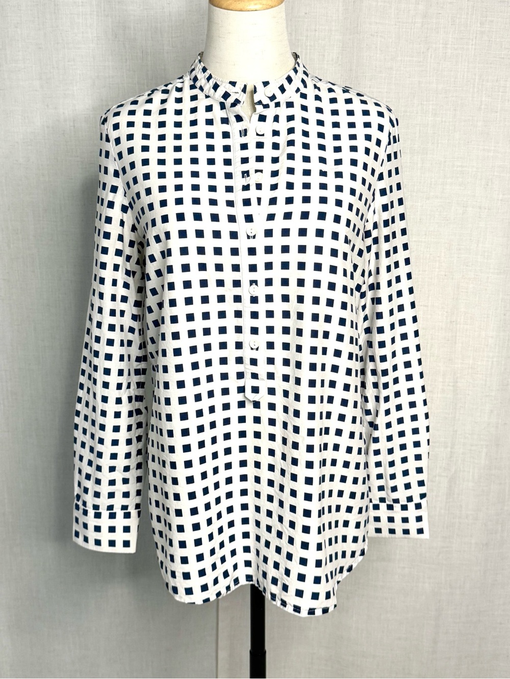 Lacoste Square Print Popover Tunic Blouse White Blue Long Sleeve Size 38